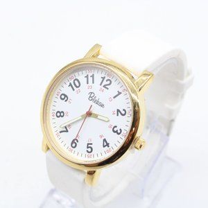 Vintage BLEKON Watch Womens Gold Tone Steel White Rubber Band Big Numbers